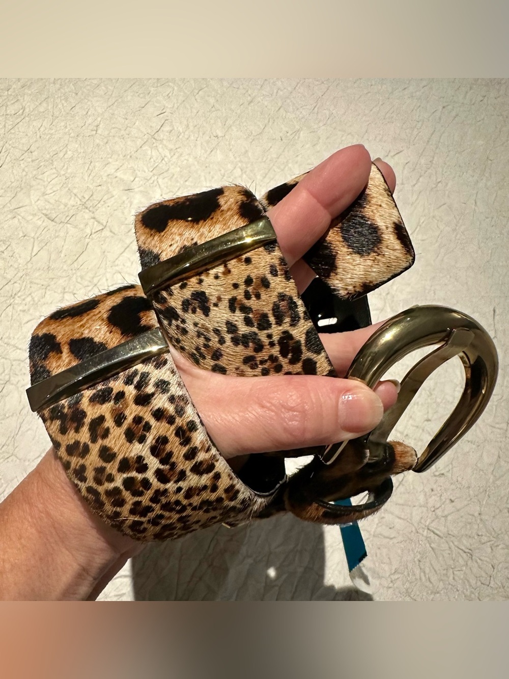 Per Se Leopard Print calf hair Wide Belt with Gold Buckle & accents